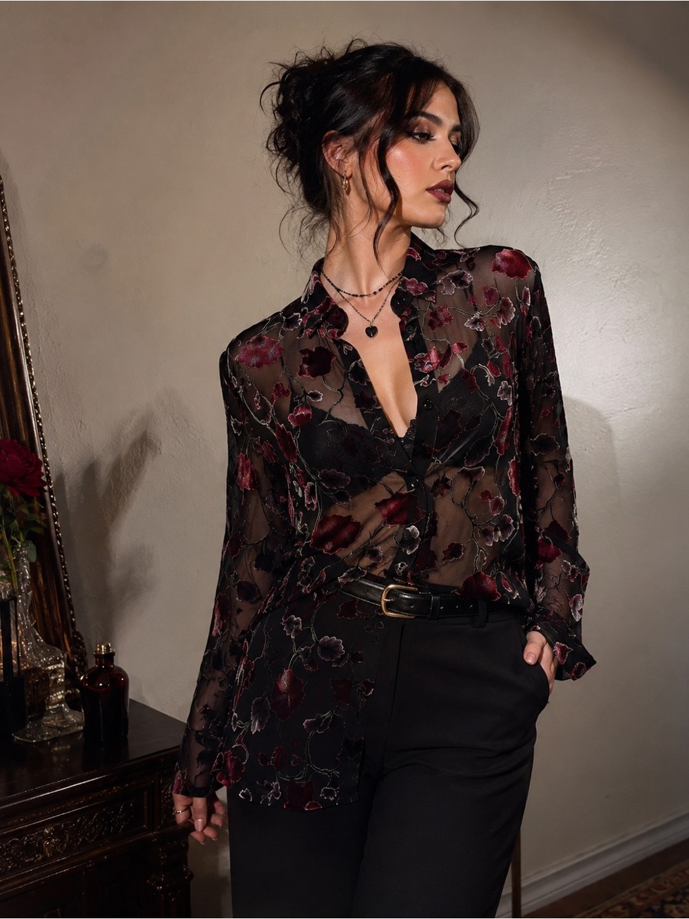 Sheer Velvet Burnout Floral Button Up Blouse Black Burgundy S